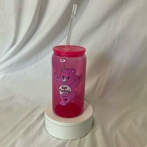 16 Ounce Handmade Bright Pink Glass Can Cup w/Lid & Straw, Swearbear